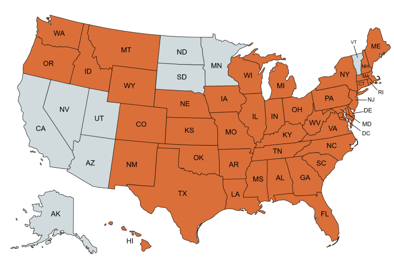 Map of the United States showing 42 states where SLA Capital lends, highlighted in orange